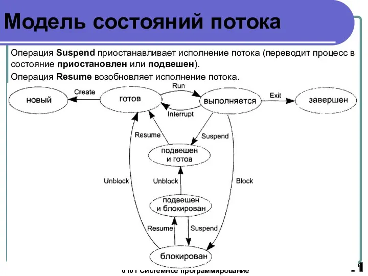 0101 Системное программирование Модель состояний потока Операция Suspend приостанавливает исполнение