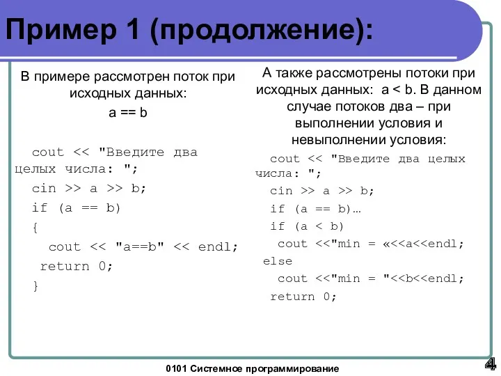 0101 Системное программирование Пример 1 (продолжение): В примере рассмотрен поток