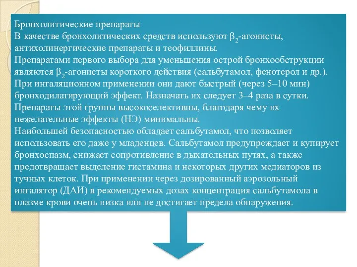 Бронхолитические препараты В качестве бронхолитических средств используют β2-агонисты, антихолинергические препараты