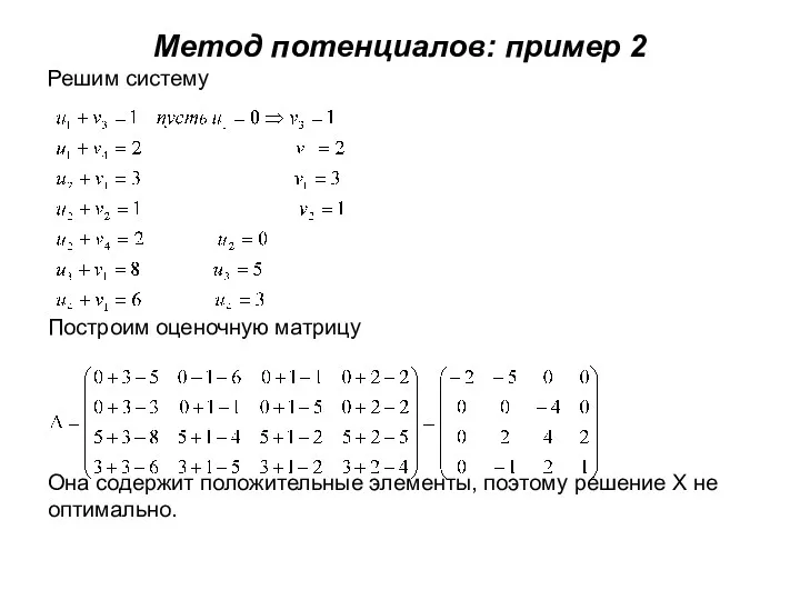 Метод потенциалов: пример 2 Решим систему Построим оценочную матрицу Она