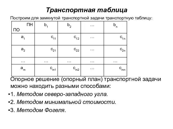 Транспортная таблица Построим для замкнутой транспортной задачи транспортную таблицу: Опорное