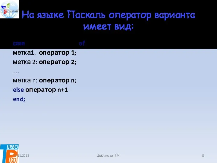 На языке Паскаль оператор варианта имеет вид: case индекс варианта