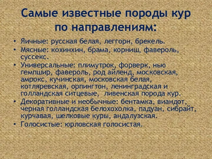 Самые известные породы кур по направлениям: Яичные: русская белая, леггорн,