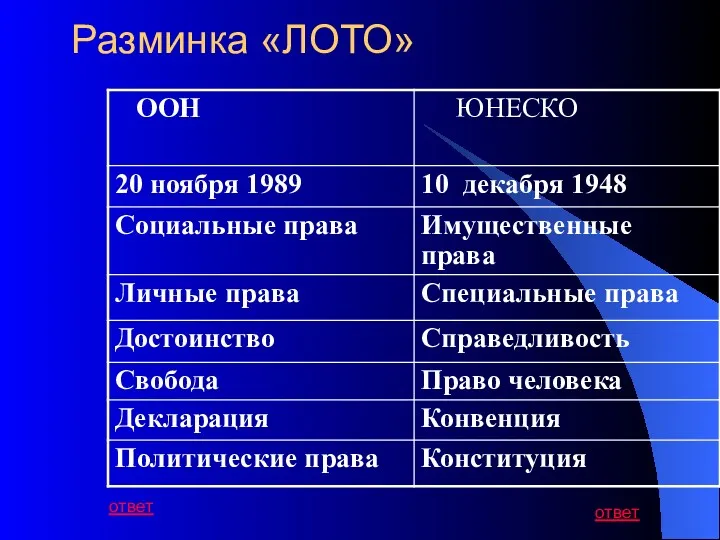 Разминка «ЛОТО» ответ ответ