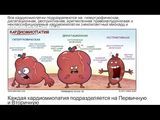 Все кардиомиопатии подразделяются на: гипертрофическая, дилатационная, рестриктивная, аритмогенная правожелудочковая и