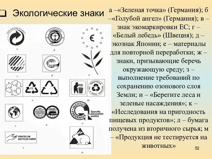 Экологические знаки а –«Зеленая точка» (Германия); б –«Голубой ангел» (Германия); в – знак