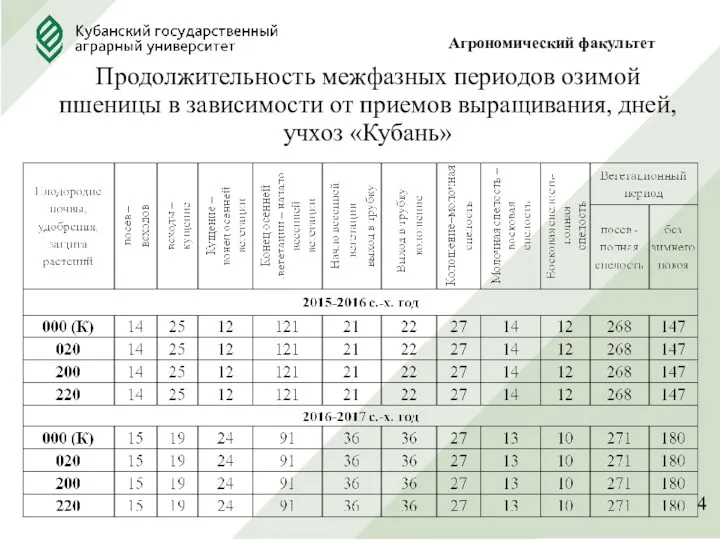 Продолжительность межфазных периодов озимой пшеницы в зависимости от приемов выращивания, дней, учхоз «Кубань» 4 Агрономический факультет