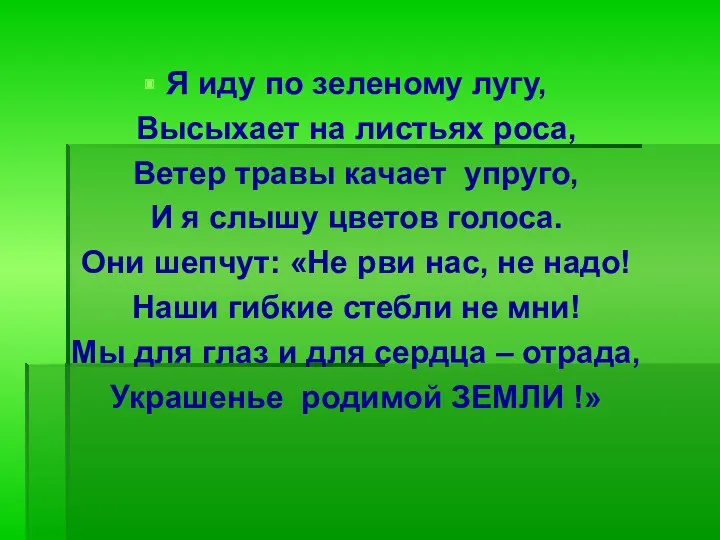 Я иду по зеленому лугу, Высыхает на листьях роса, Ветер