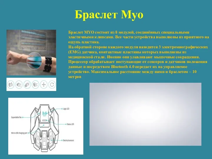 Браслет Myo Браслет MYO состоит из 8 модулей, соединённых специальными эластичными клипсами. Все