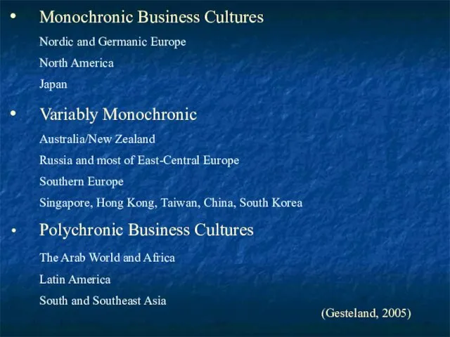 Monochronic Business Cultures Nordic and Germanic Europe North America Japan Variably Monochronic Australia/New