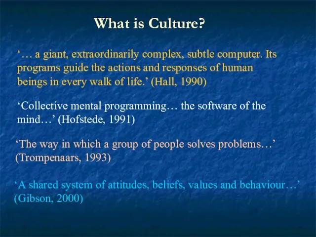 ‘A shared system of attitudes, beliefs, values and behaviour…’ (Gibson, 2000) ‘Collective mental