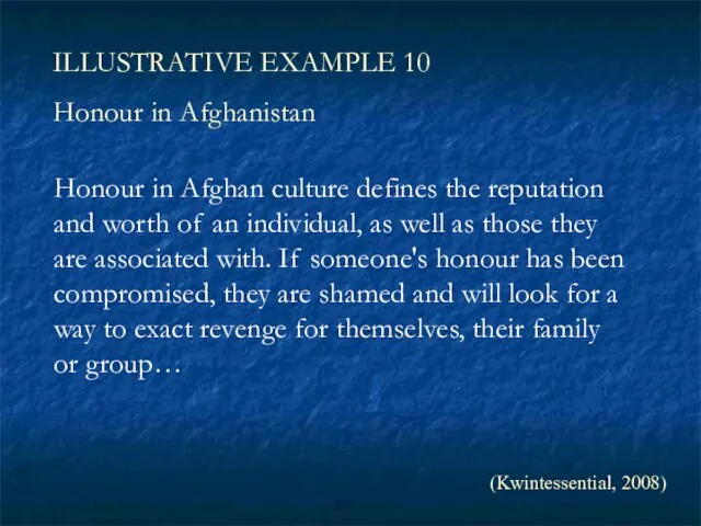 ILLUSTRATIVE EXAMPLE 10 Honour in Afghanistan (Kwintessential, 2008) Honour in Afghan culture defines