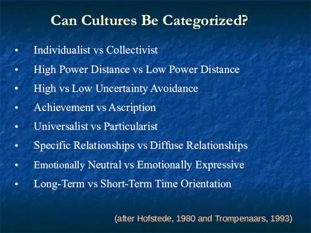 Can Cultures Be Categorized? Individualist vs Collectivist High Power Distance vs Low Power