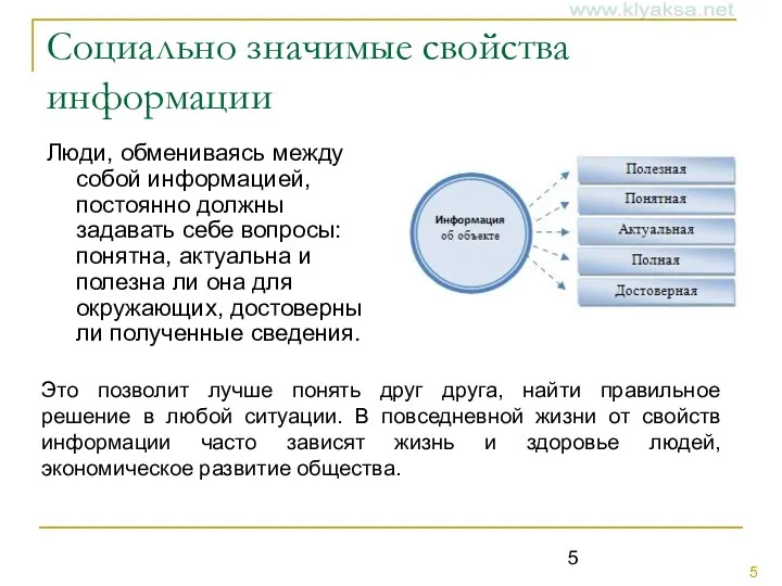 Социально значимые свойства информации Люди, обмениваясь между собой информацией, постоянно