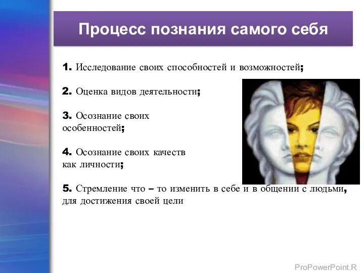 Процесс познания самого себя 1. Исследование своих способностей и возможностей;