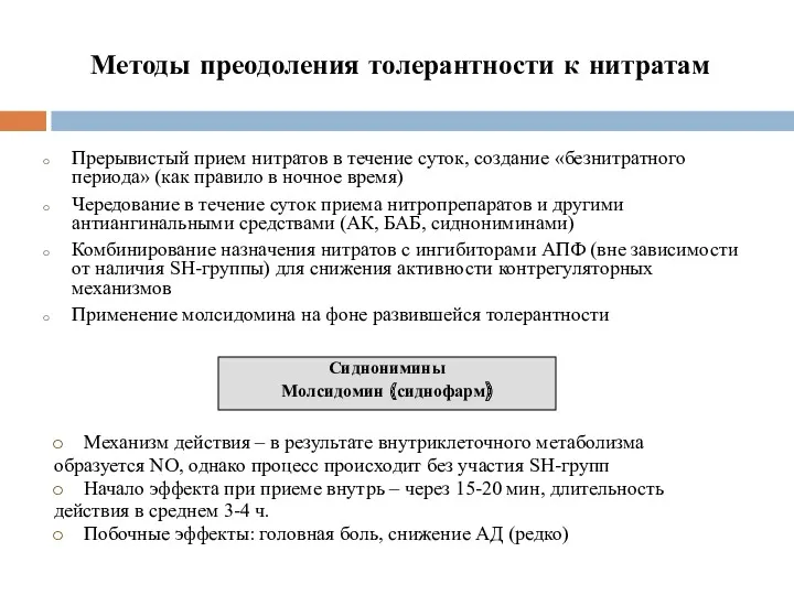 Методы преодоления толерантности к нитратам Прерывистый прием нитратов в течение