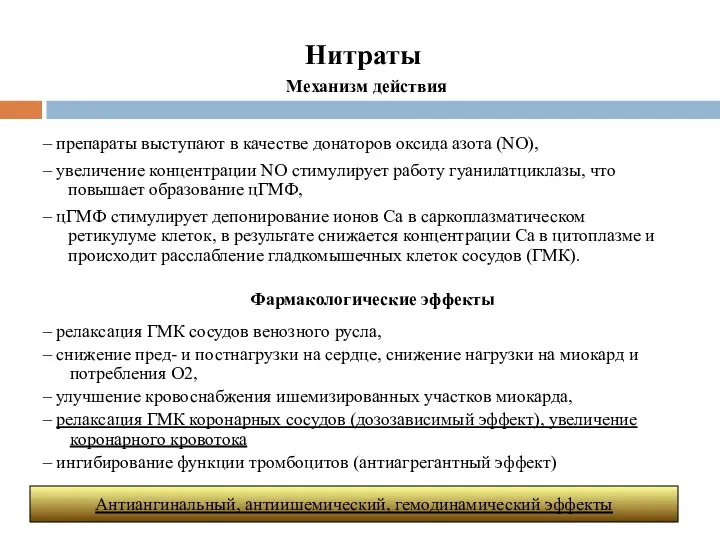 Нитраты – препараты выступают в качестве донаторов оксида азота (NO),