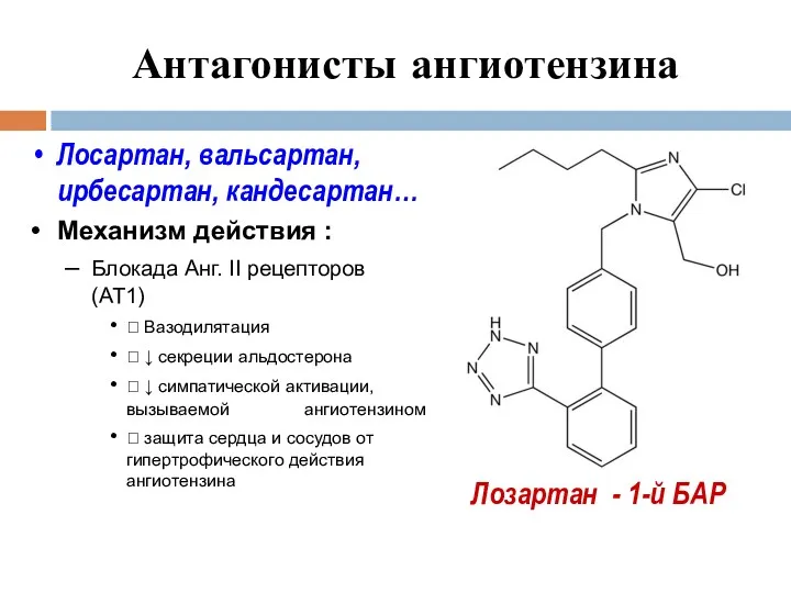 Антагонисты ангиотензина Лосартан, вальсартан, ирбесартан, кандесартан… Механизм действия : Блокада