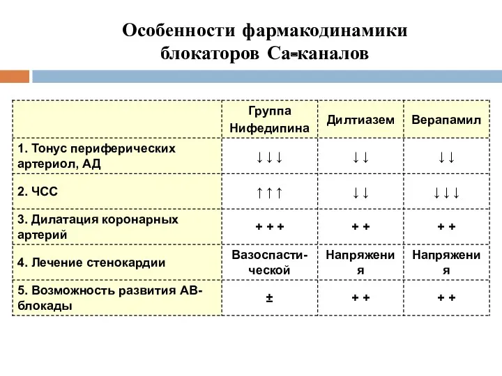 Особенности фармакодинамики блокаторов Са-каналов