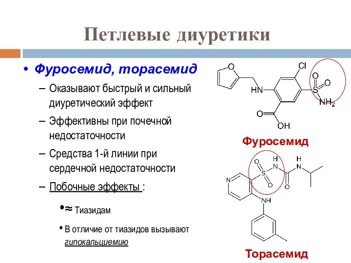 Петлевые диуретики Фуросемид, торасемид Оказывают быстрый и сильный диуретический эффект