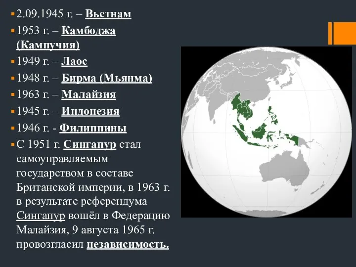 2.09.1945 г. – Вьетнам 1953 г. – Камбоджа (Кампучия) 1949
