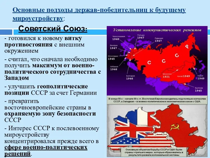 Основные подходы держав-победительниц к будущему мироустройству: Советский Союз: - готовился