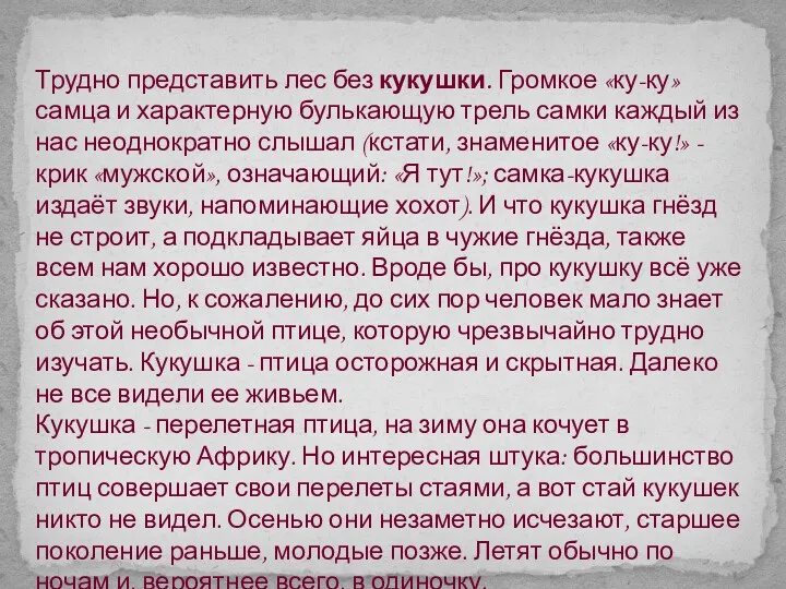 Трудно представить лес без кукушки. Громкое «ку-ку» самца и характерную