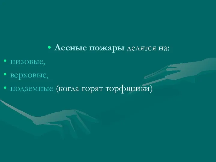 Лесные пожары делятся на: низовые, верховые, подземные (когда горят торфяники)