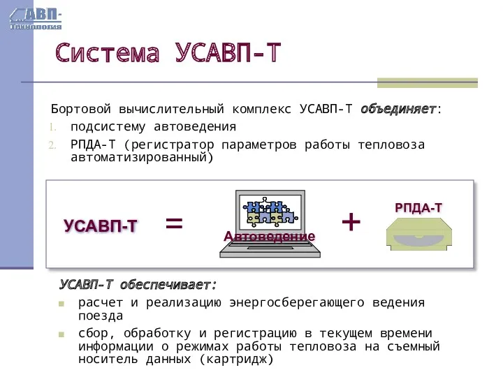 Система УСАВП-Т Бортовой вычислительный комплекс УСАВП-Т объединяет: подсистему автоведения РПДА-Т (регистратор параметров работы