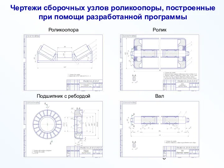 Чертежи сборочных узлов роликоопоры, построенные при помощи разработанной программы Роликоопора Вал Подшипник с ребордой Ролик