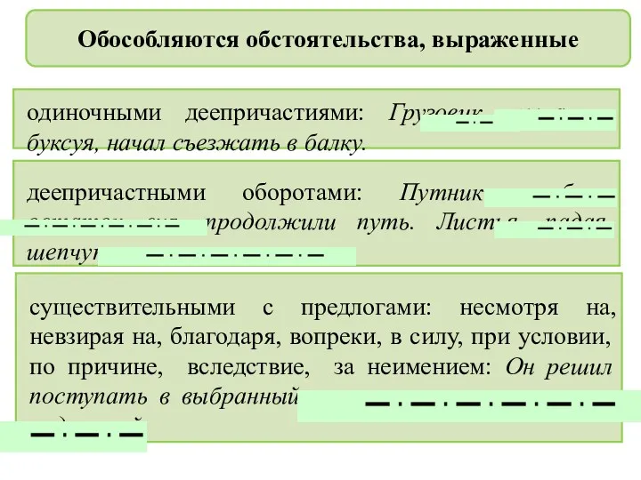 Обособляются обстоятельства, выраженные одиночными деепричастиями: Грузовик, рыча и буксуя, начал