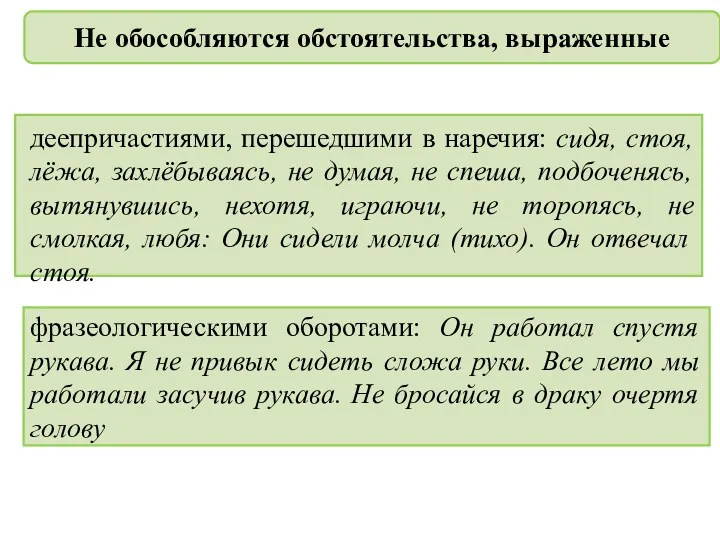 Не обособляются обстоятельства, выраженные деепричастиями, перешедшими в наречия: сидя, стоя,