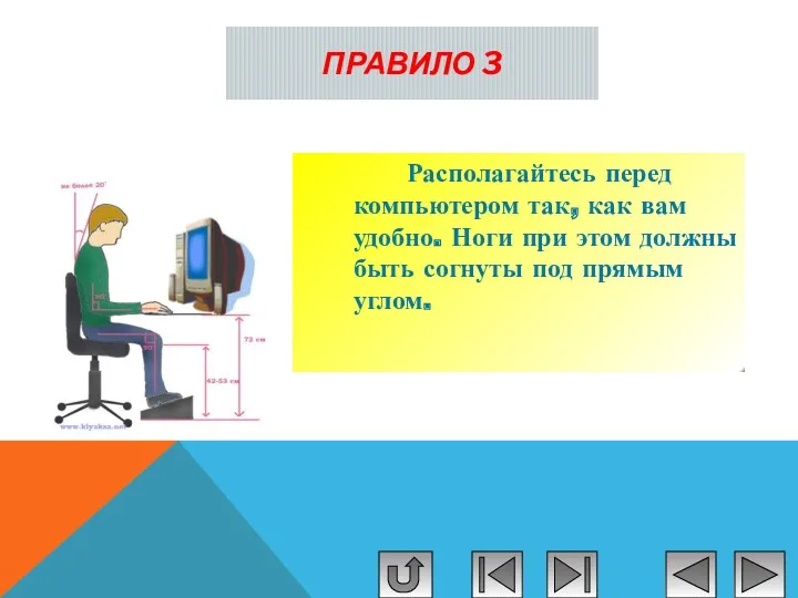 ПРАВИЛО 3 Располагайтесь перед компьютером так, как вам удобно. Ноги