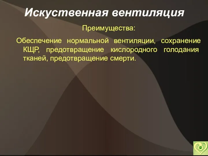 Искуственная вентиляция Преимущества: Обеспечение нормальной вентиляции, сохранение КЩР, предотвращение кислородного голодания тканей, предотвращение смерти.