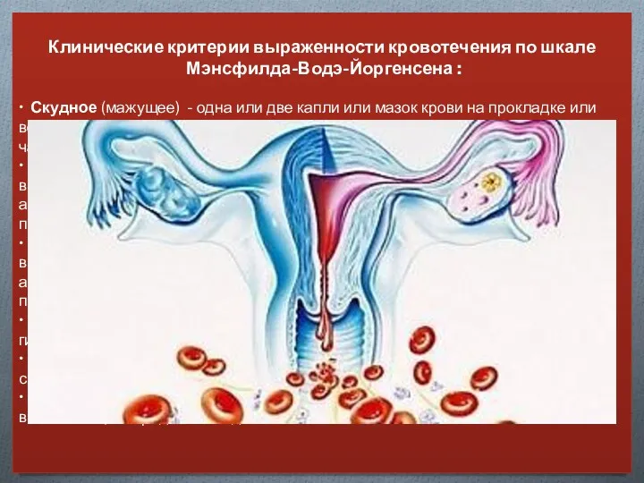 Клинические критерии выраженности кровотечения по шкале Мэнсфилда-Водэ-Йоргенсена : • Скудное