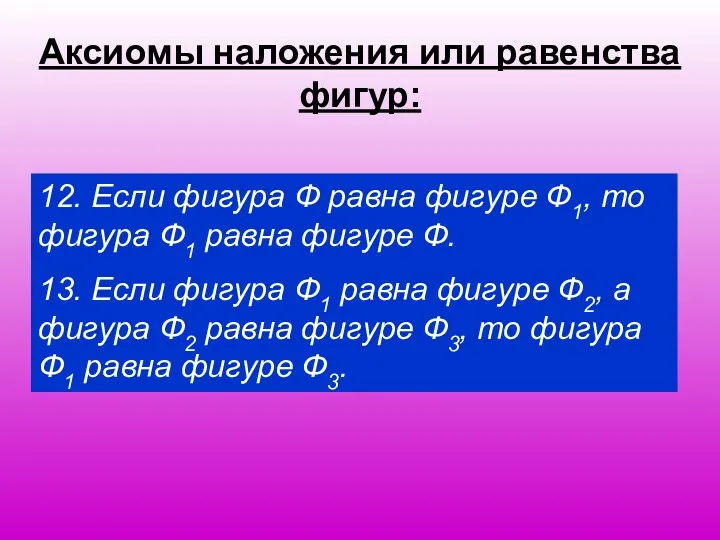 Аксиомы наложения или равенства фигур: 12. Если фигура Ф равна