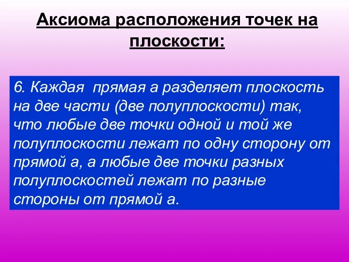 Аксиома расположения точек на плоскости: 6. Каждая прямая а разделяет