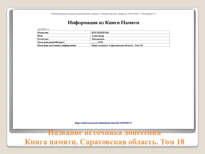 Название источника донесения Книга памяти. Саратовская область. Том 18