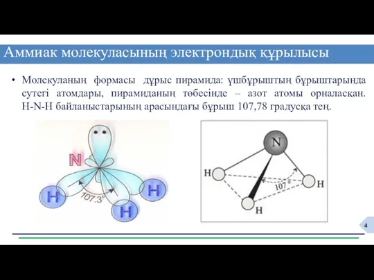 Аммиак молекуласының электрондық құрылысы Молекуланың формасы дұрыс пирамида: үшбұрыштың бұрыштарында