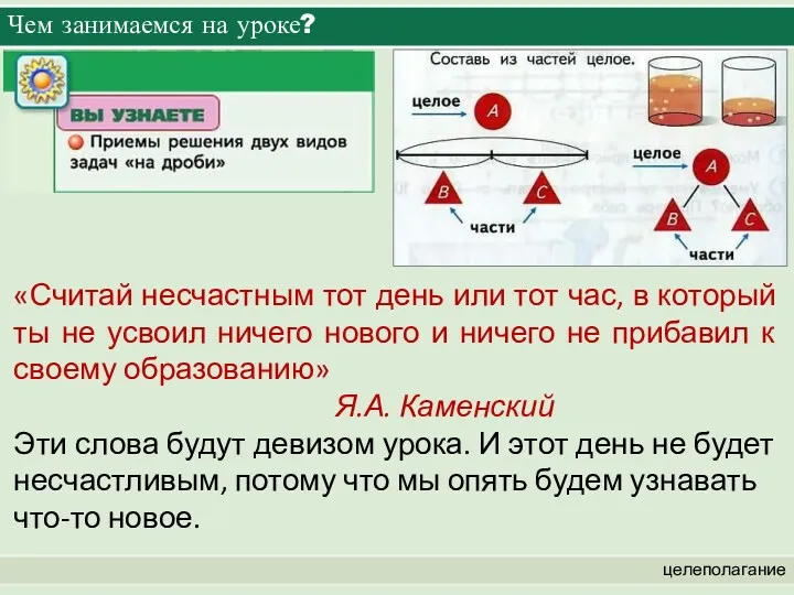 Чем занимаемся на уроке? целеполагание «Считай несчастным тот день или