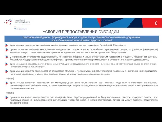 6 УСЛОВИЯ ПРЕДОСТАВЛЕНИЯ СУБСИДИИ организация является юридическим лицом, зарегистрированным на