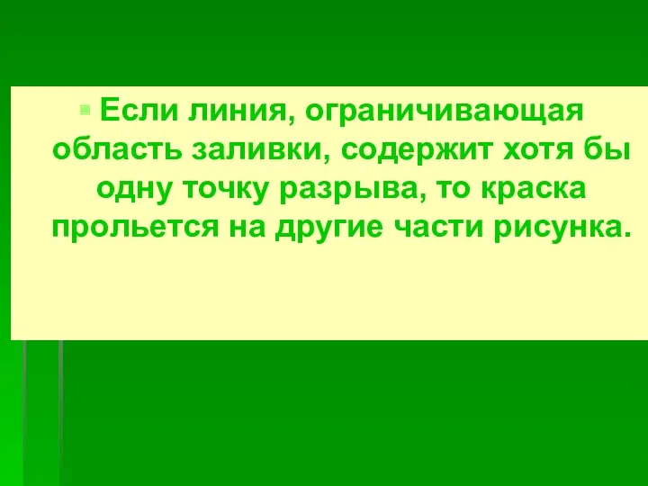 Если линия, ограничивающая область заливки, содержит хотя бы одну точку разрыва, то краска