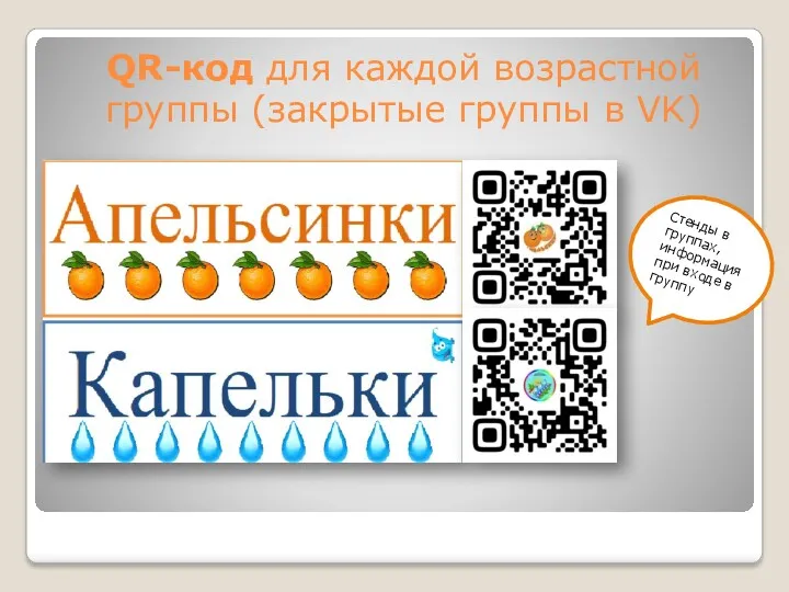 QR-код для каждой возрастной группы (закрытые группы в VK) Стенды