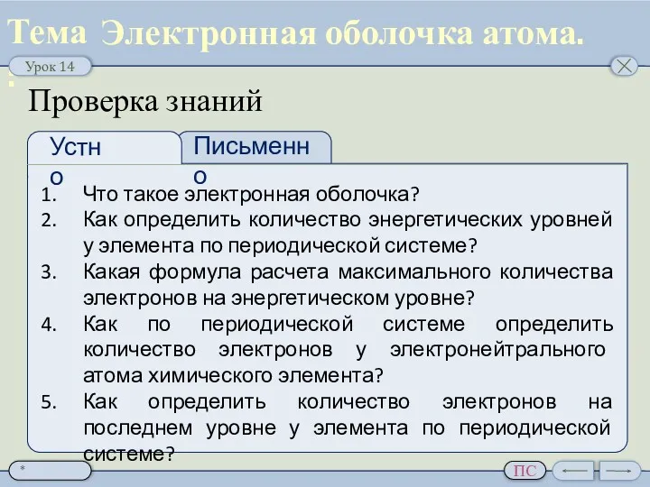 Проверка знаний Что такое электронная оболочка? Как определить количество энергетических