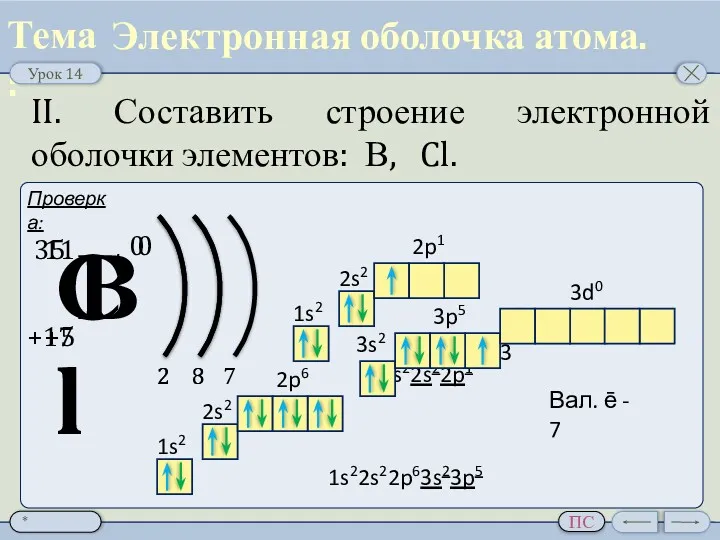 II. Составить строение электронной оболочки элементов: В, Cl. Электронная оболочка атома.