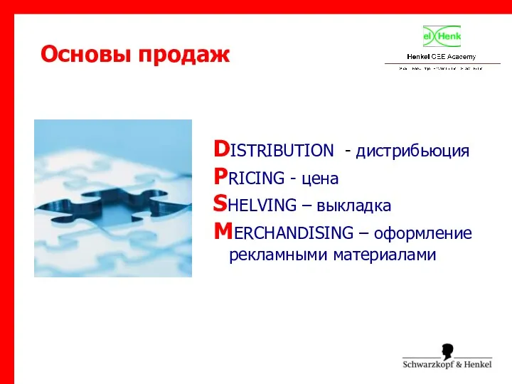 DISTRIBUTION - дистрибьюция PRICING - цена SHELVING – выкладка MERCHANDISING – оформление рекламными материалами Основы продаж