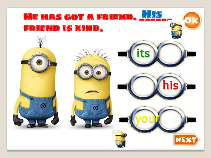 He has got a friend. ______ friend is kind. His his your its