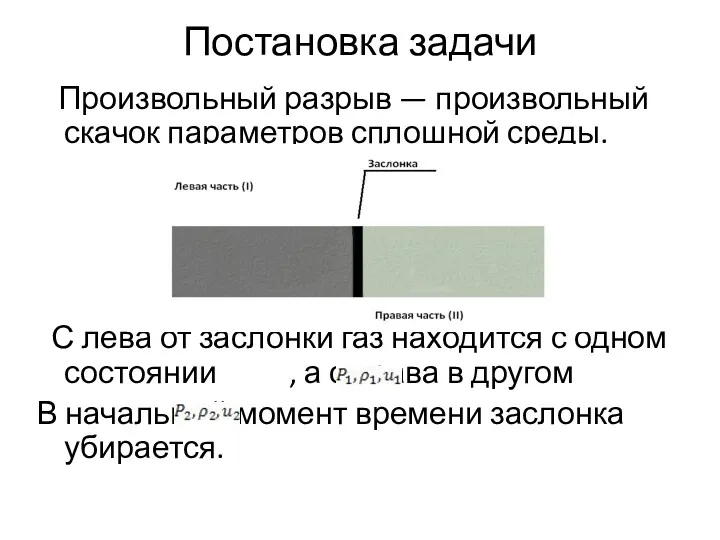 Постановка задачи Произвольный разрыв — произвольный скачок параметров сплошной среды.