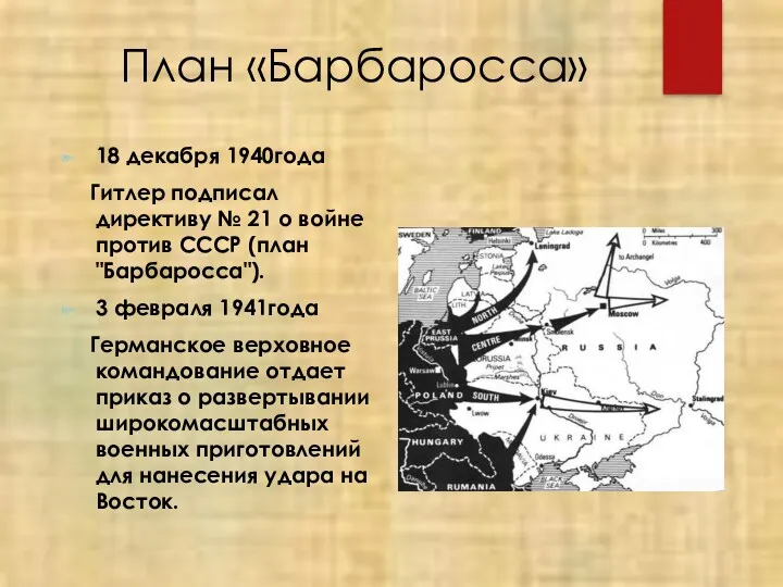 План «Барбаросса» 18 декабря 1940года Гитлер подписал директиву № 21