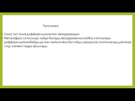 Патогенезі Шығу тегі анық дифференцияланған мезодермадан Метанефрос сатысында пайда болады,мезодерманың